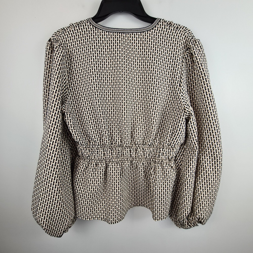 Max Studio London Womens Tan Black Geometric Peplum Balloon Sleeve Blouse M - Picture 8 of 8